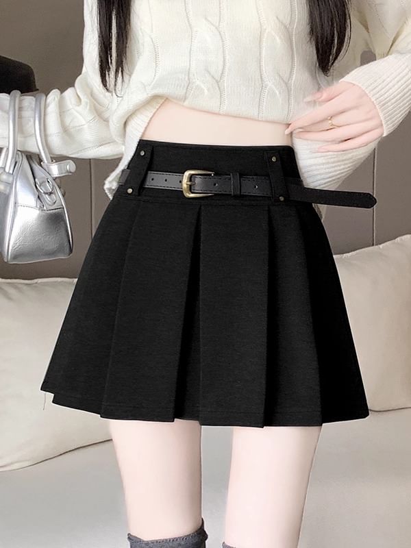 High Rise Solid Mini Pleated Skirt