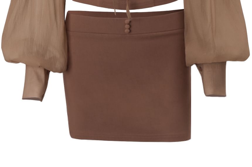 Long-Sleeve Off Shoulder Bustier Top & Mid Waist Mini Pencil Skirt