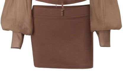 Long-Sleeve Off Shoulder Bustier Top & Mid Waist Mini Pencil Skirt
