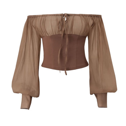 Long-Sleeve Off Shoulder Bustier Top & Mid Waist Mini Pencil Skirt