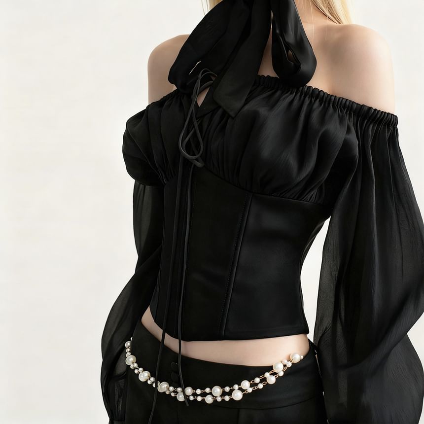 Long-Sleeve Off Shoulder Bustier Top & Mid Waist Mini Pencil Skirt