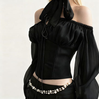 Long-Sleeve Off Shoulder Bustier Top & Mid Waist Mini Pencil Skirt