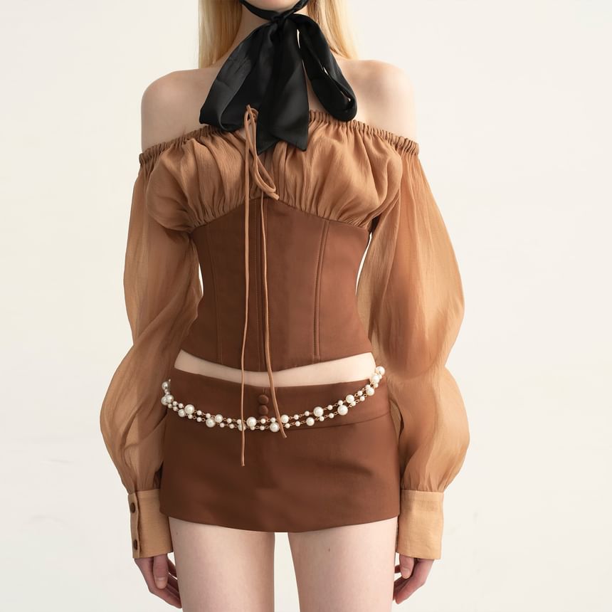 Long-Sleeve Off Shoulder Bustier Top & Mid Waist Mini Pencil Skirt