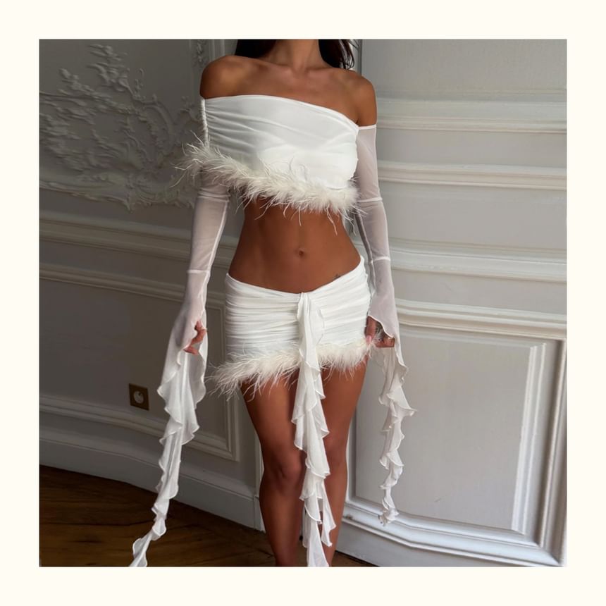 Long-Sleeve Off Shoulder Crop Top & Low Rise Fluffy Mini Pencil Skirt