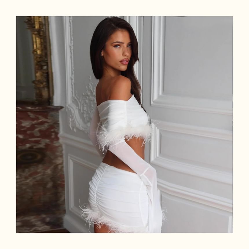 Long-Sleeve Off Shoulder Crop Top & Low Rise Fluffy Mini Pencil Skirt