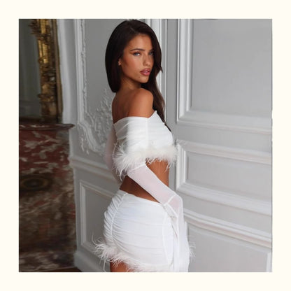 Long-Sleeve Off Shoulder Crop Top & Low Rise Fluffy Mini Pencil Skirt