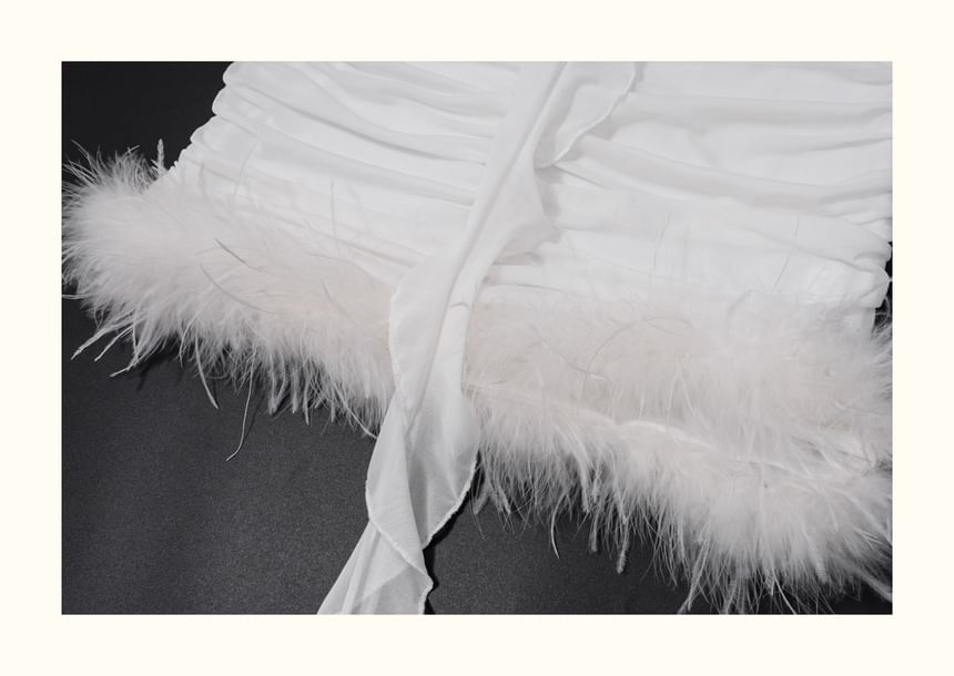 Long-Sleeve Off Shoulder Crop Top & Low Rise Fluffy Mini Pencil Skirt