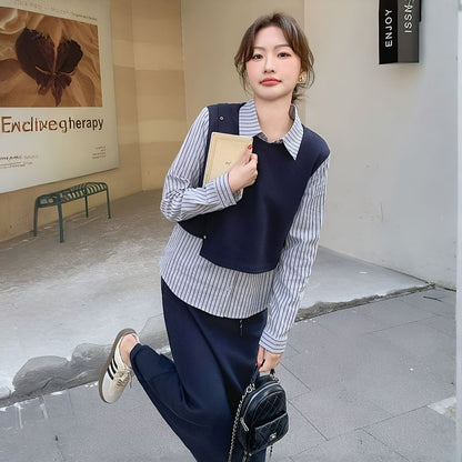 Striped Blouse & Slit Midi Straight Skirt Set