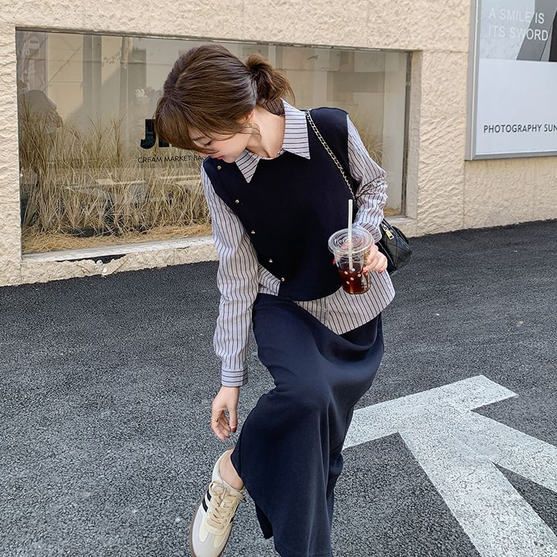 Striped Blouse & Slit Midi Straight Skirt Set