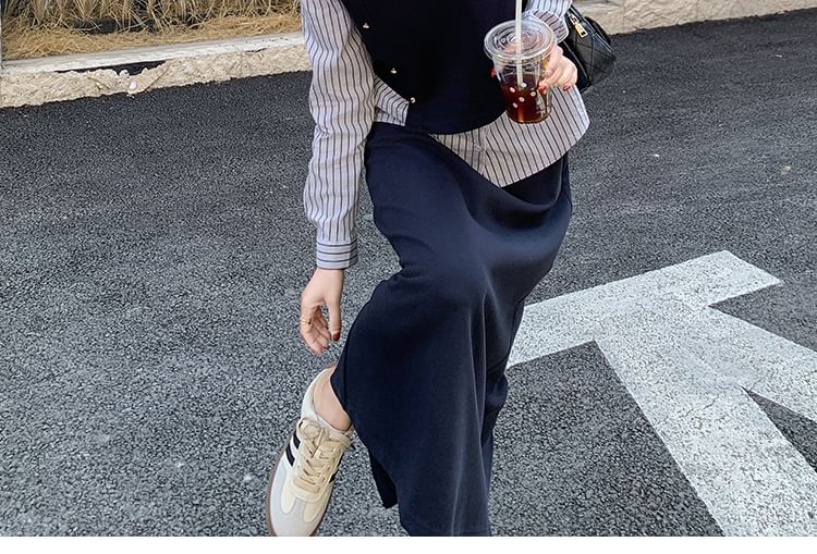 Striped Blouse & Slit Midi Straight Skirt Set