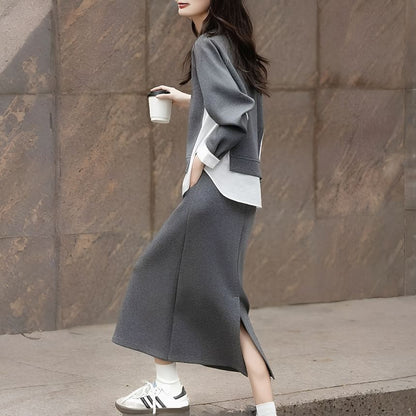 Two Tone Pullover & Slit Midi A-Line Skirt Set
