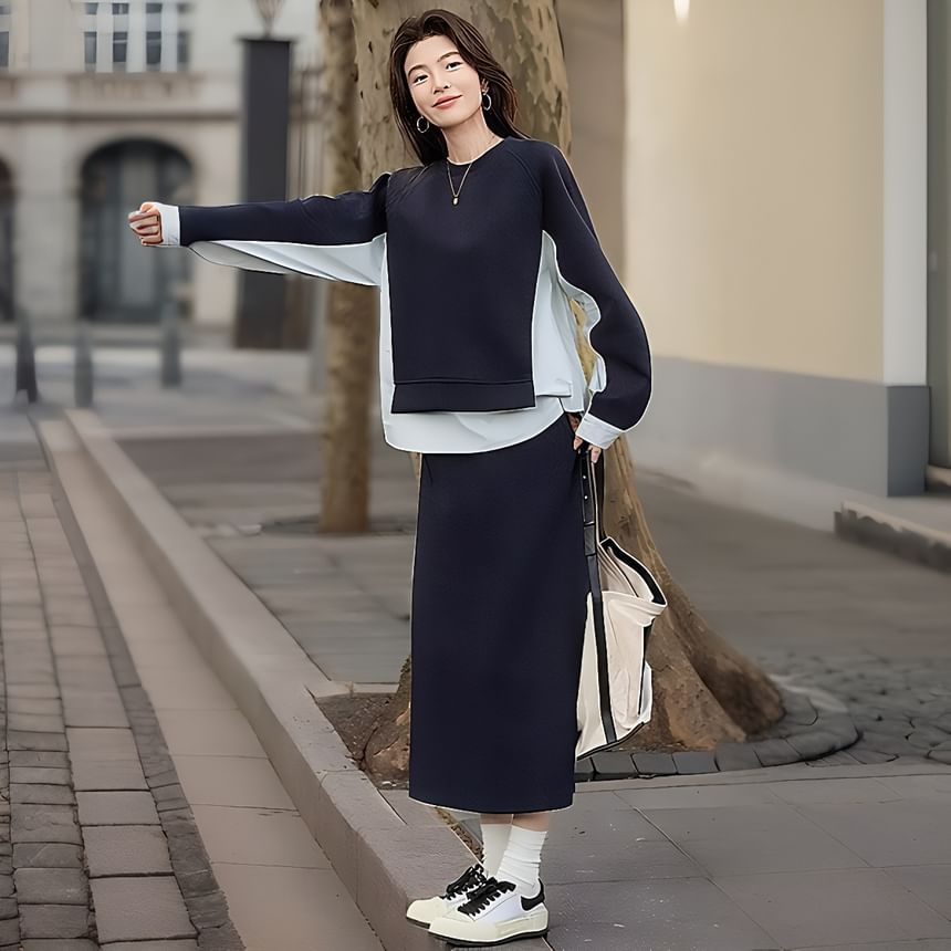Two Tone Pullover & Slit Midi A-Line Skirt Set