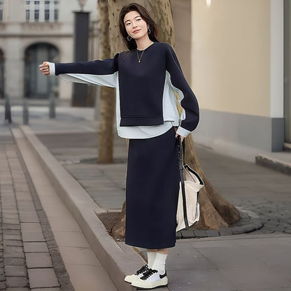 Two Tone Pullover & Slit Midi A-Line Skirt Set