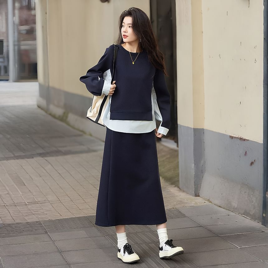 Two Tone Pullover & Slit Midi A-Line Skirt Set