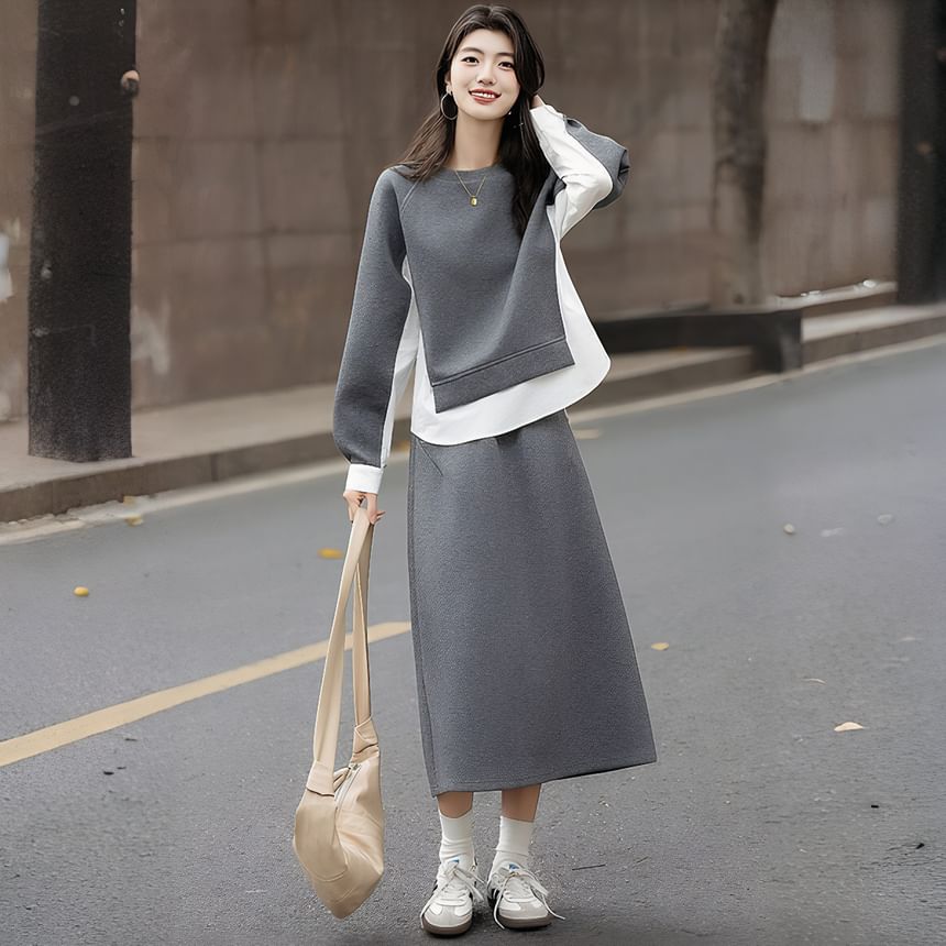 Two Tone Pullover & Slit Midi A-Line Skirt Set