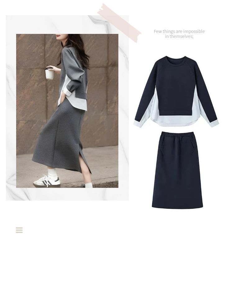 Two Tone Pullover & Slit Midi A-Line Skirt Set
