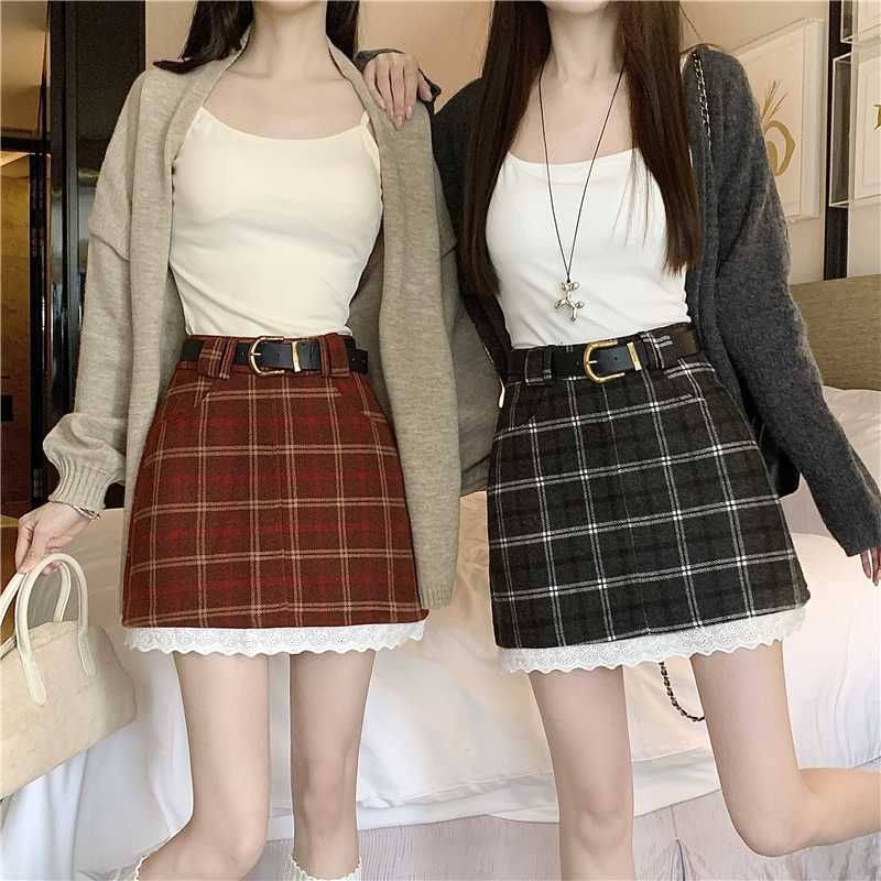 High Rise Plaid Mini Skirt with Belt Set