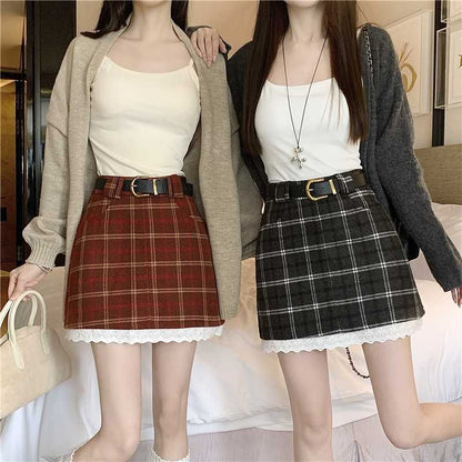 High Rise Plaid Mini Skirt with Belt Set