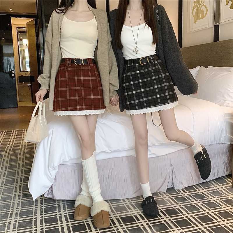 High Rise Plaid Mini Skirt with Belt Set
