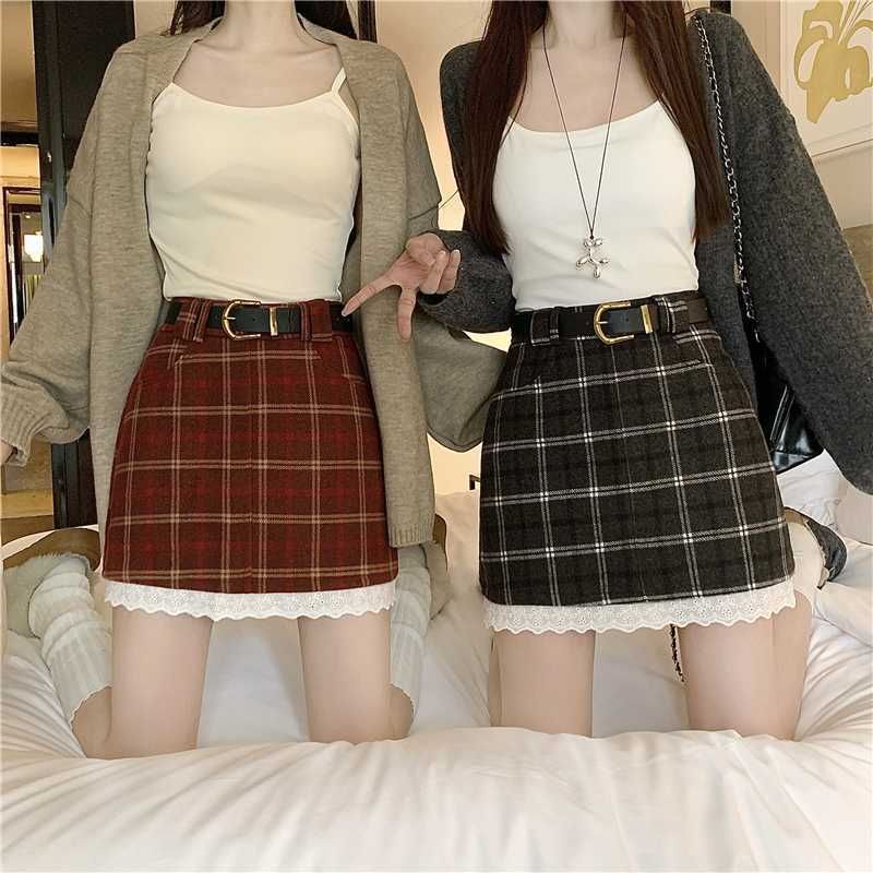 High Rise Plaid Mini Skirt with Belt Set