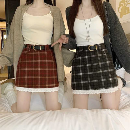 High Rise Plaid Mini Skirt with Belt Set