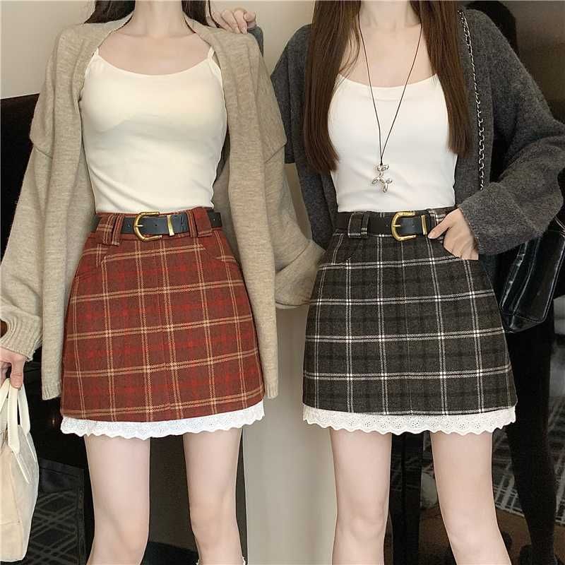 High Rise Plaid Mini Skirt with Belt Set