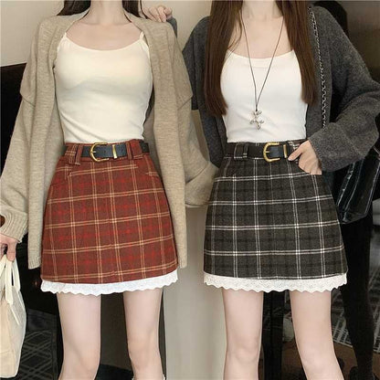 High Rise Plaid Mini Skirt with Belt Set