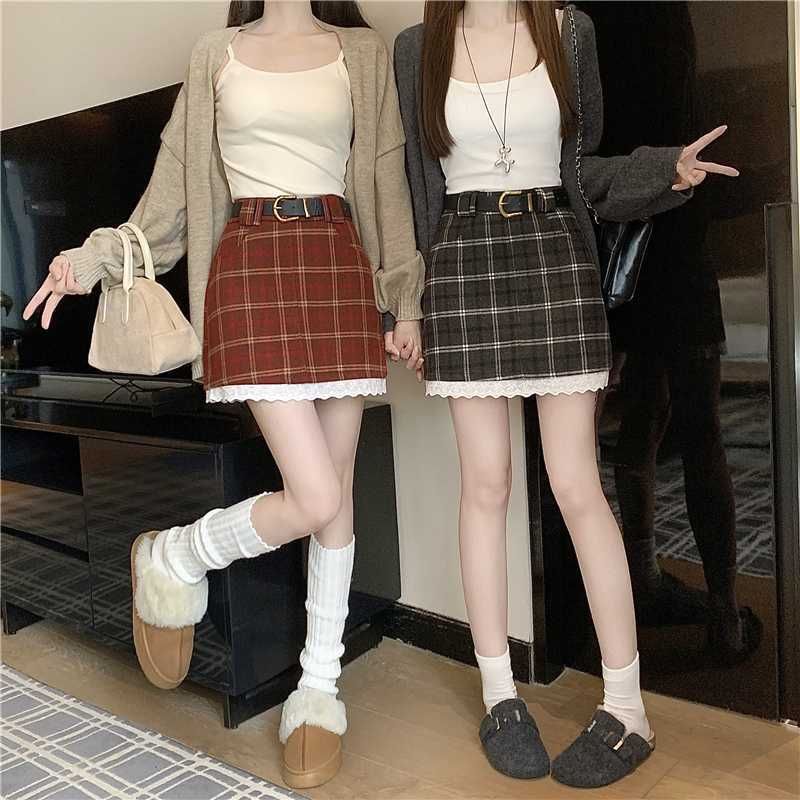 High Rise Plaid Mini Skirt with Belt Set