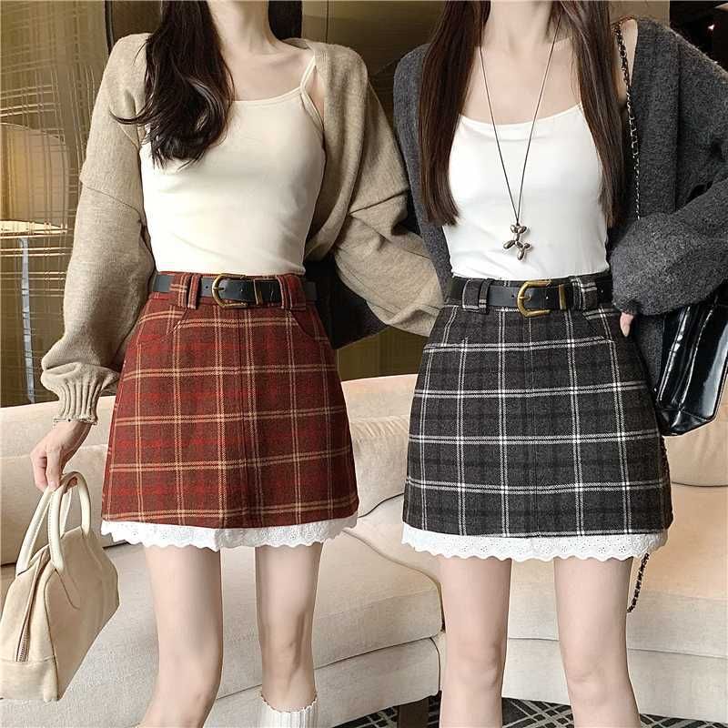 High Rise Plaid Mini Skirt with Belt Set
