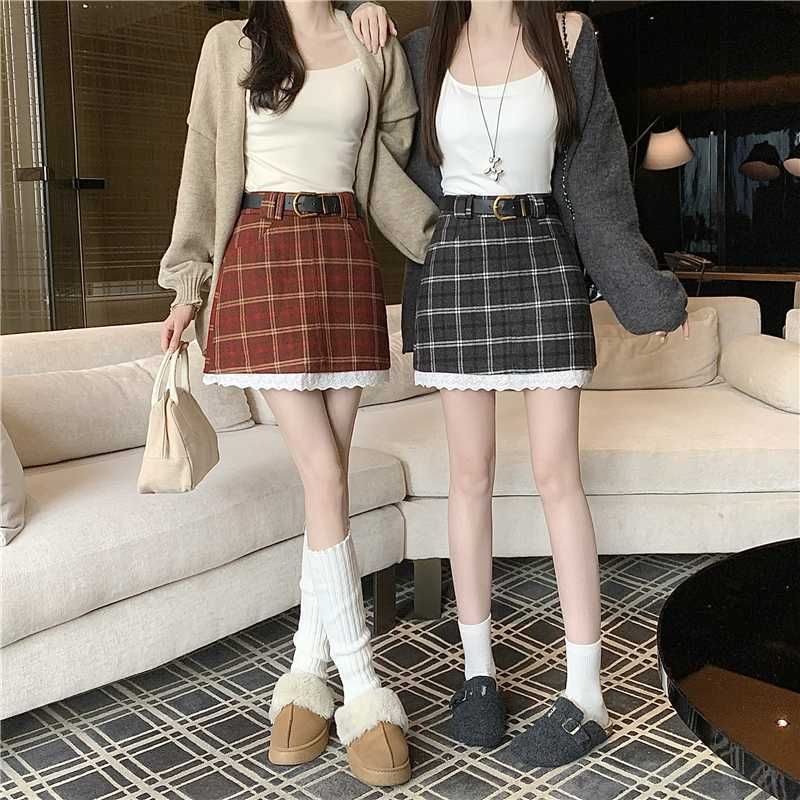 High Rise Plaid Mini Skirt with Belt Set