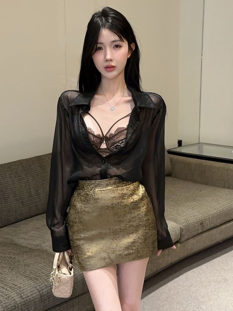 Lace Bra & Mesh Shirt & High Waist Pencil Skirt Set