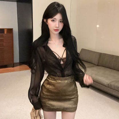 Lace Bra & Mesh Shirt & High Waist Pencil Skirt Set