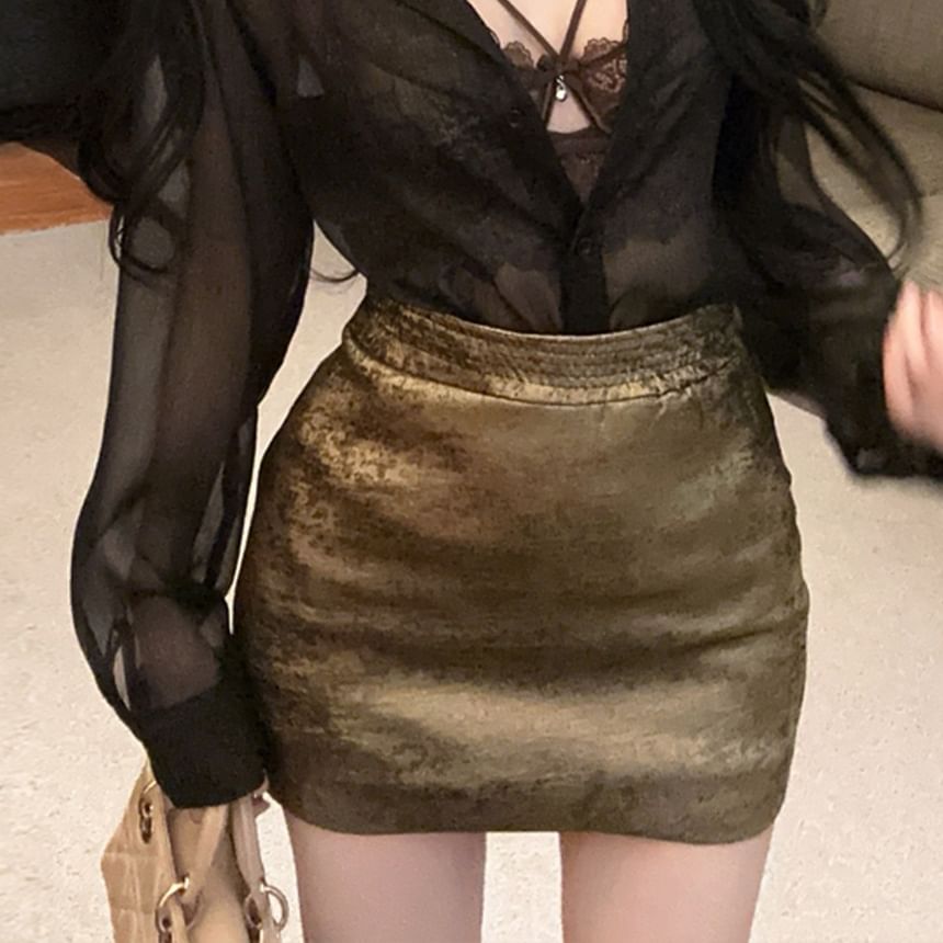 Lace Bra & Mesh Shirt & High Waist Pencil Skirt Set
