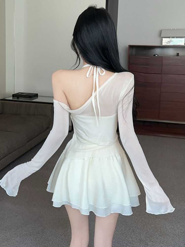 Halter Crop Top & Off-Shoulder Mesh Top & Layered Mini Skirt Set