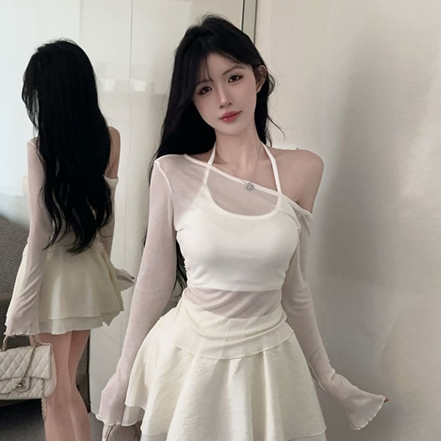 Halter Crop Top & Off-Shoulder Mesh Top & Layered Mini Skirt Set