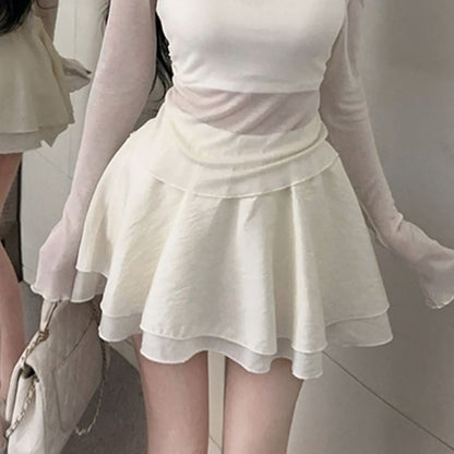 Halter Crop Top & Off-Shoulder Mesh Top & Layered Mini Skirt Set