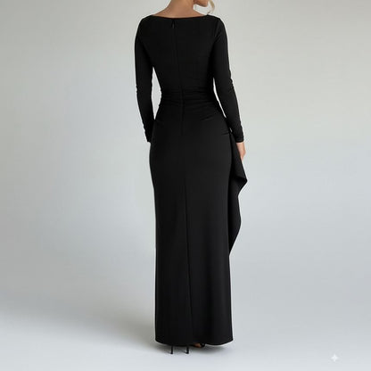 Long-Sleeve Square Neck Plain Side-Slit Maxi Sheath Dress