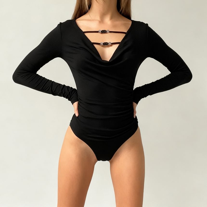 Beaded V-Neck Long Sleeve Bodysuit