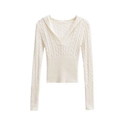 Hooded V-Neck Knit Top with Long Sleeves