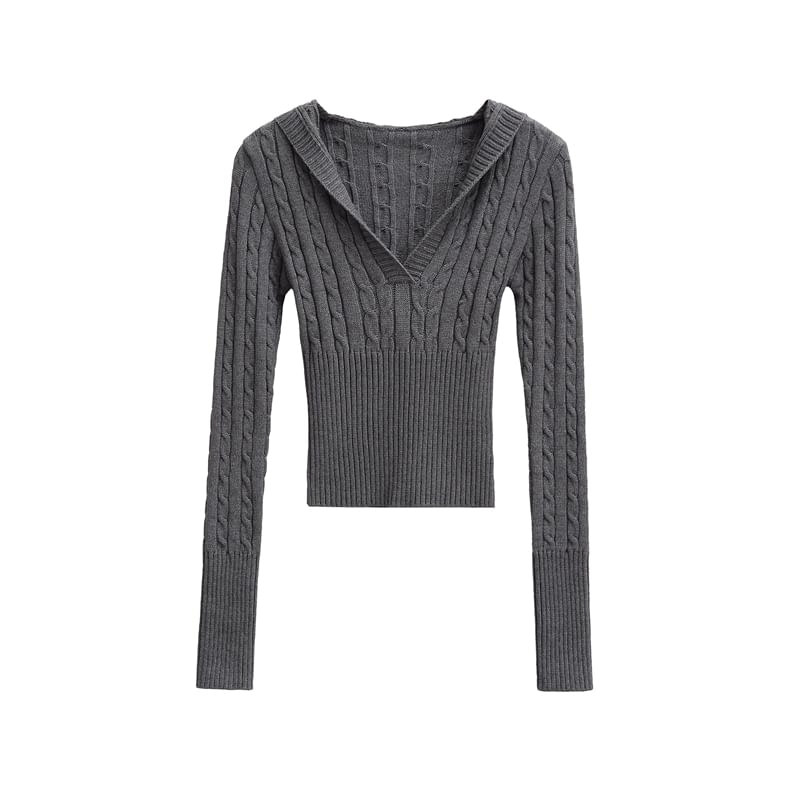 Hooded V-Neck Knit Top with Long Sleeves