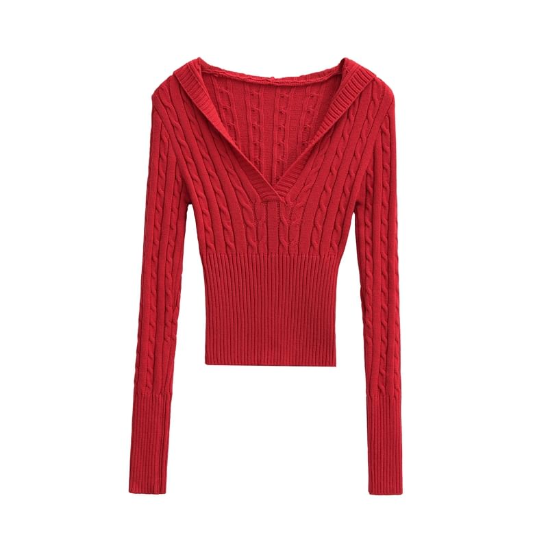 Hooded V-Neck Knit Top with Long Sleeves