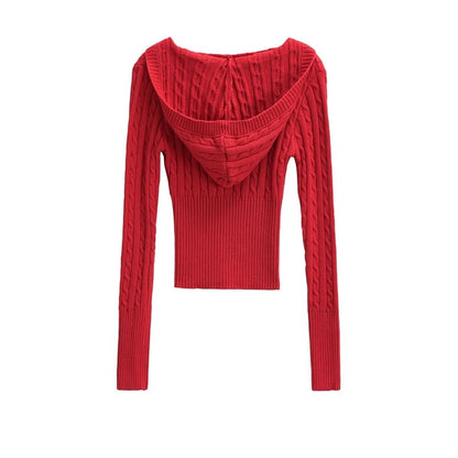Hooded V-Neck Knit Top with Long Sleeves