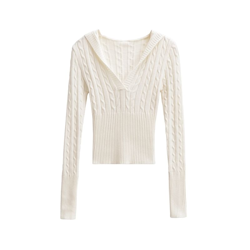 Hooded V-Neck Knit Top with Long Sleeves