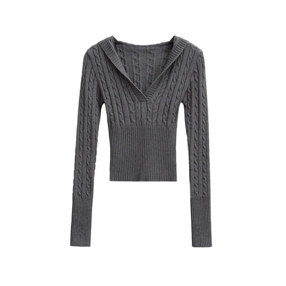 Hooded V-Neck Knit Top with Long Sleeves