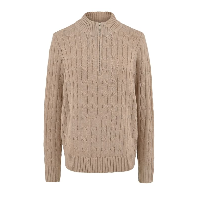 Half-Zip Cable Knit Sweater with Mock Neck