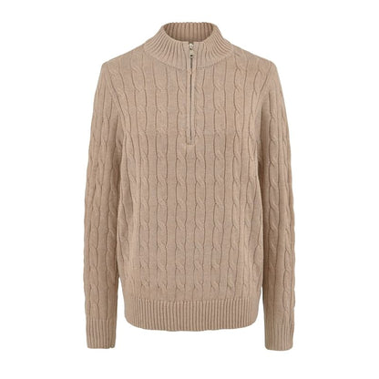 Half-Zip Cable Knit Sweater with Mock Neck