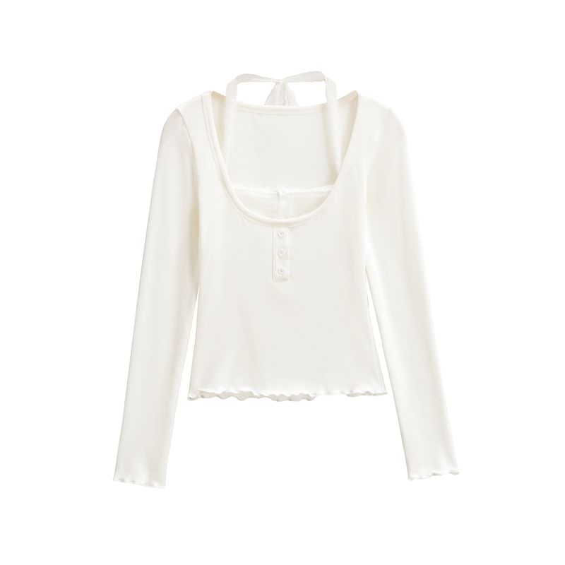 Halter Neck Cropped Knit Top with Sleeves