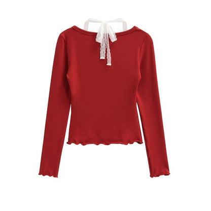Halter Neck Cropped Knit Top with Sleeves