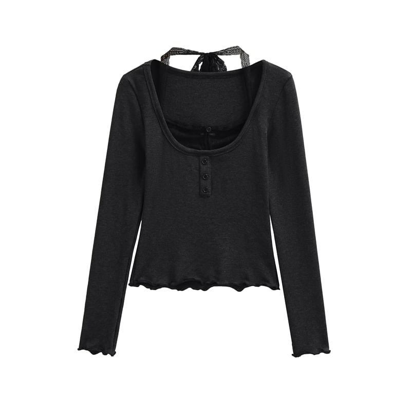 Halter Neck Cropped Knit Top with Sleeves