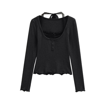 Halter Neck Cropped Knit Top with Sleeves